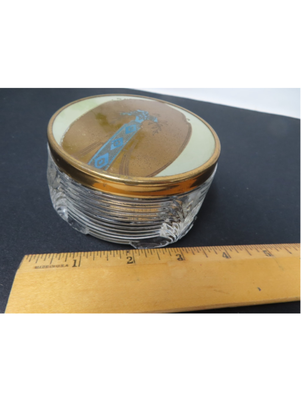 Vintage Art Deco Ribbed Glass Vanity Dresser Powder Jar